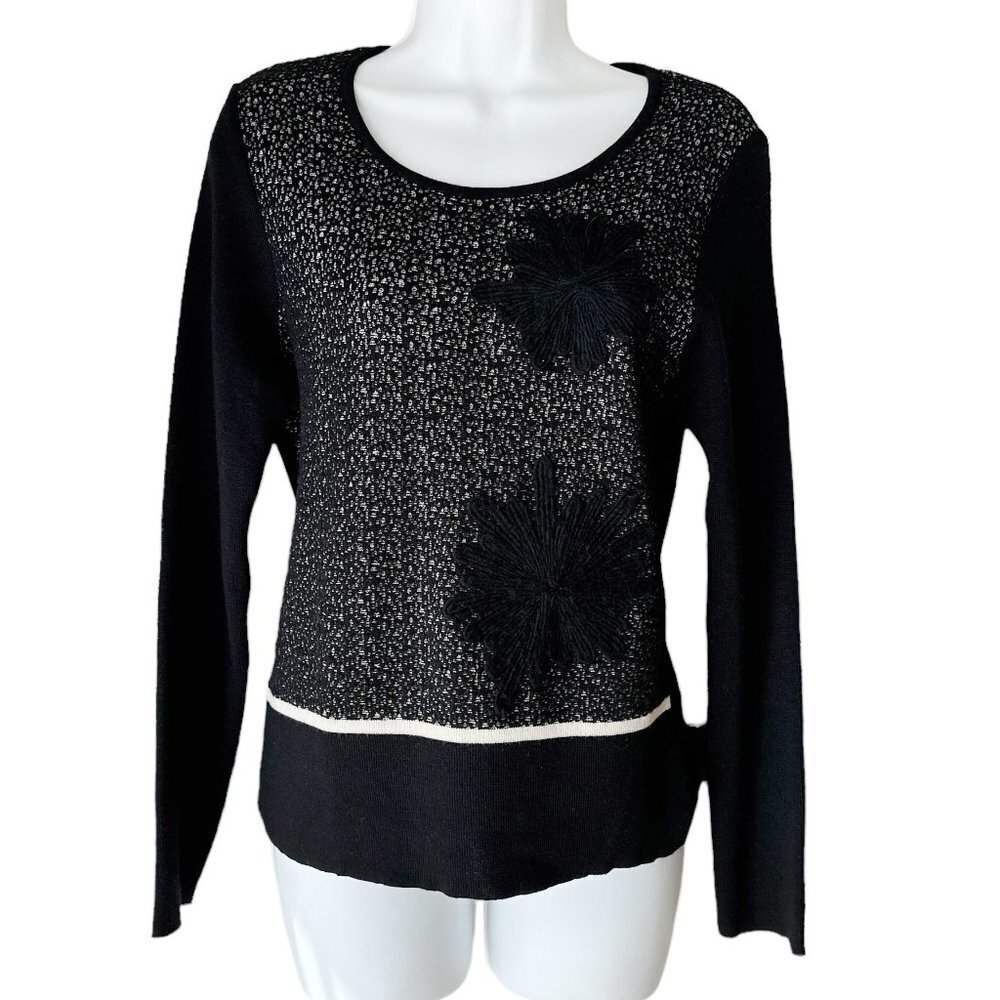 Guido Pisani Italian Black Flower‎ Sweater Italy Merino Wool M